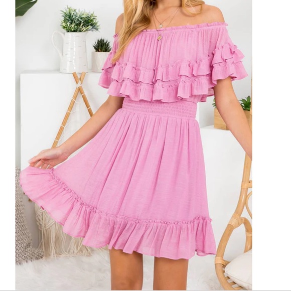 #115 Pink Off the Shoulder Ruffle Dress - Picture 1 of 8
